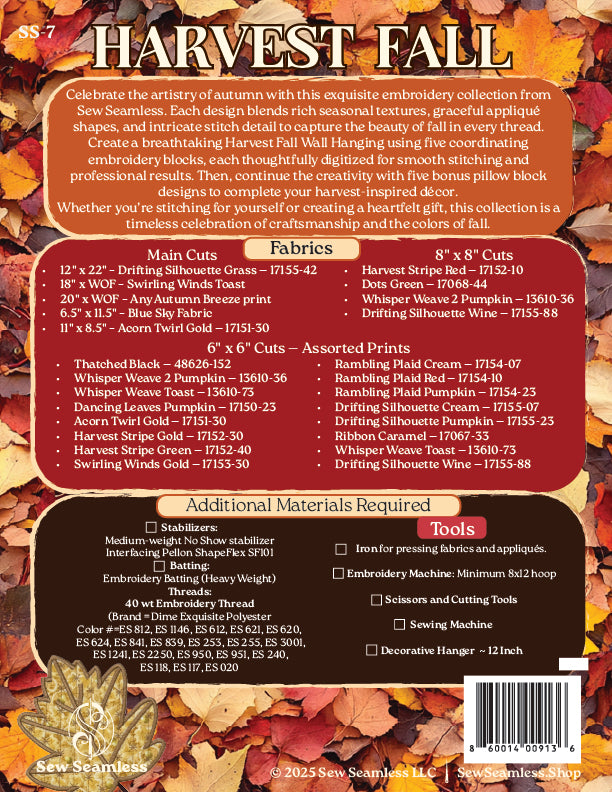 Harvest Fall Wall Hanging - Embroidery Design Collection (Printed Booklet + Digital Download Code)