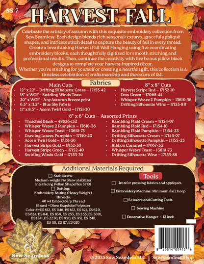 Harvest Fall Wall Hanging -  Embroidery Design Collection (Printed Booklet + Digital Download Code)